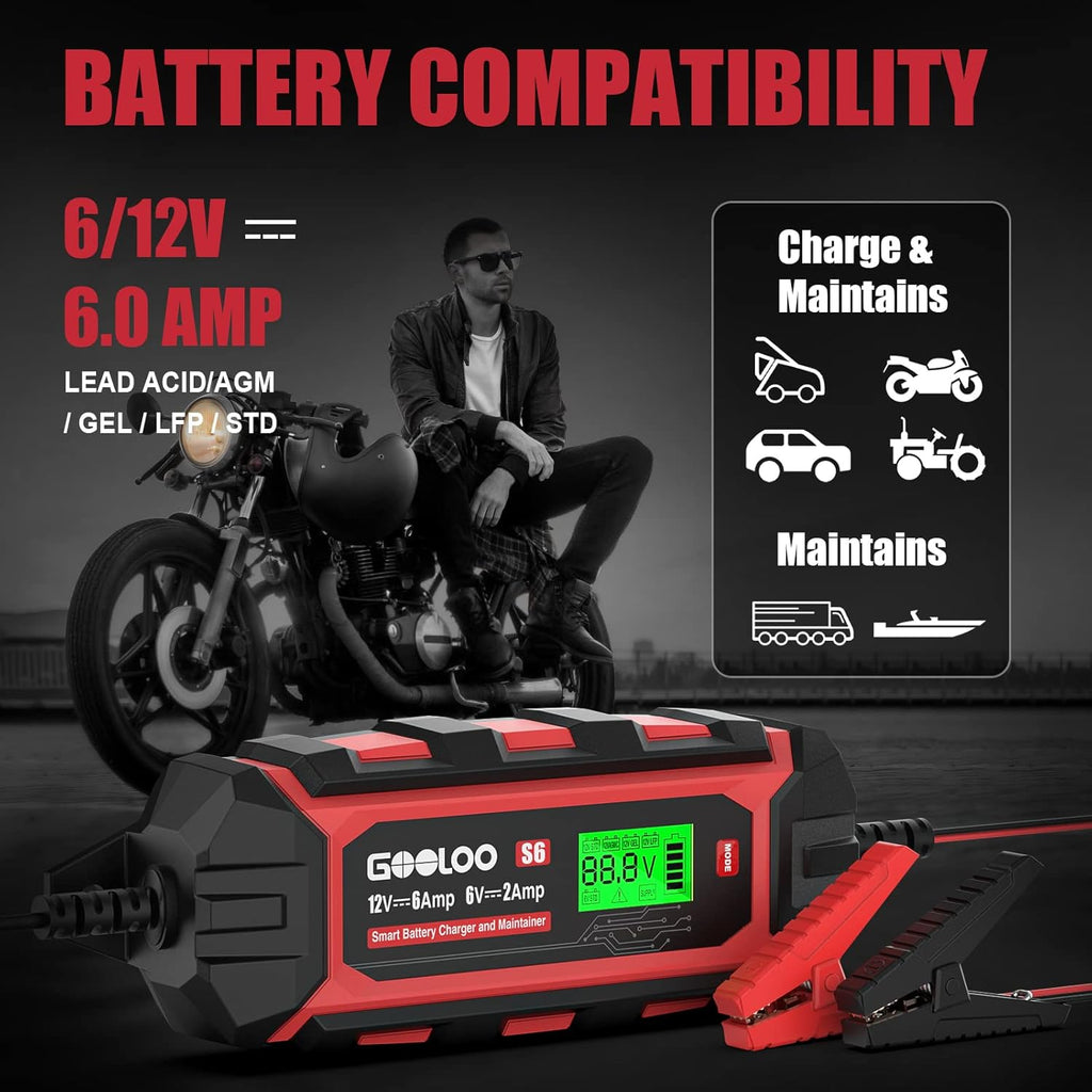 6 Amp Smart Battery Charger, 6V 12V Trickle Charger and Maintainer for Lead-Acid Battery, LCD Display G6163