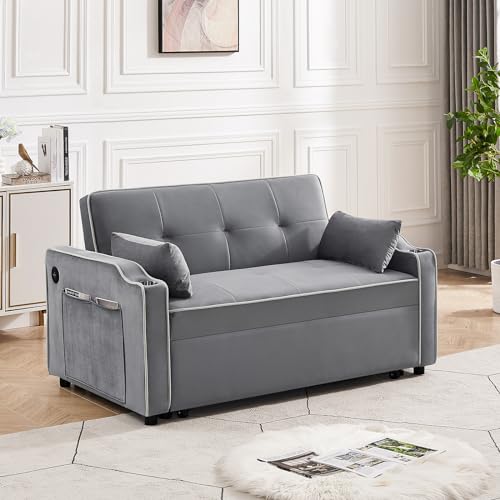 Convertible Sleeper Sofa Bed with Pull Out Bed, Adjustable Backrest, Gray H87271
