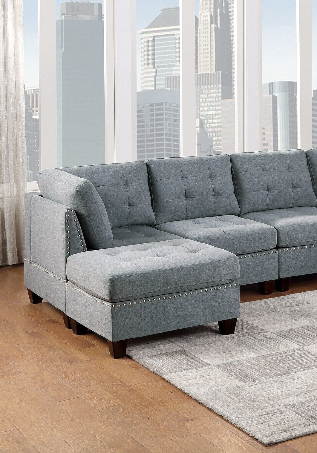 Gray Fabric Tufted 6pc U-Sectional Couch with Ottomans D12488