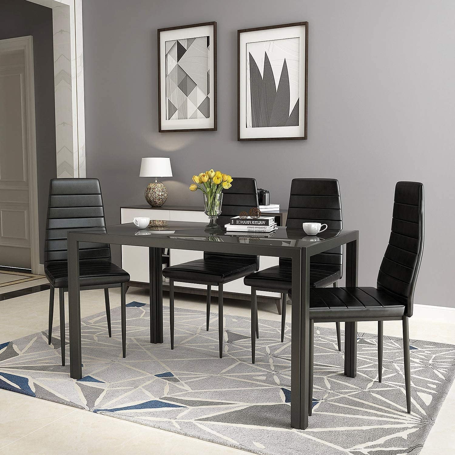 Recaceik Glass Dining Table and 4 PU Leather Chair, Suit 4-6 families, Kitchen Table 29.5" H