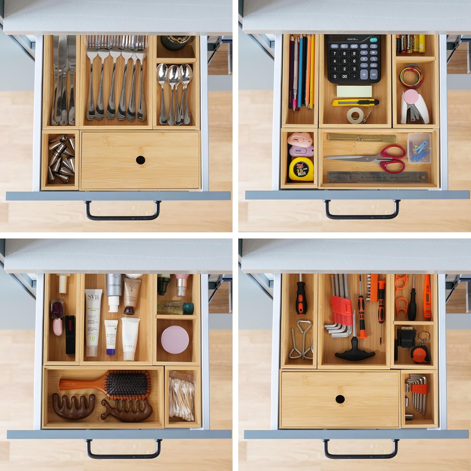 Bamboo Drawer Organizer Set, 5 Pcs Multi-Use Storage Box for Kitchen, Bathroom, Office R3794