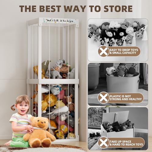 Wooden Stuffed Animal Storage Cage with Elastic Rope, 60 Inch, White U27216