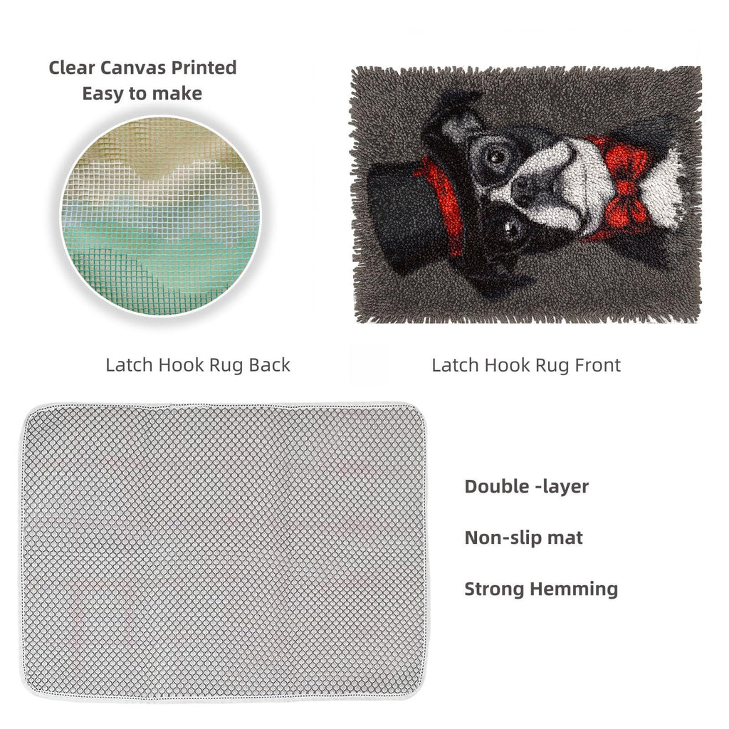 Latch Hook Rug Kit Boston Terrier Dog with Glasses and Hat Pre-printed DIY Carpet Craft 52x38cm F270970