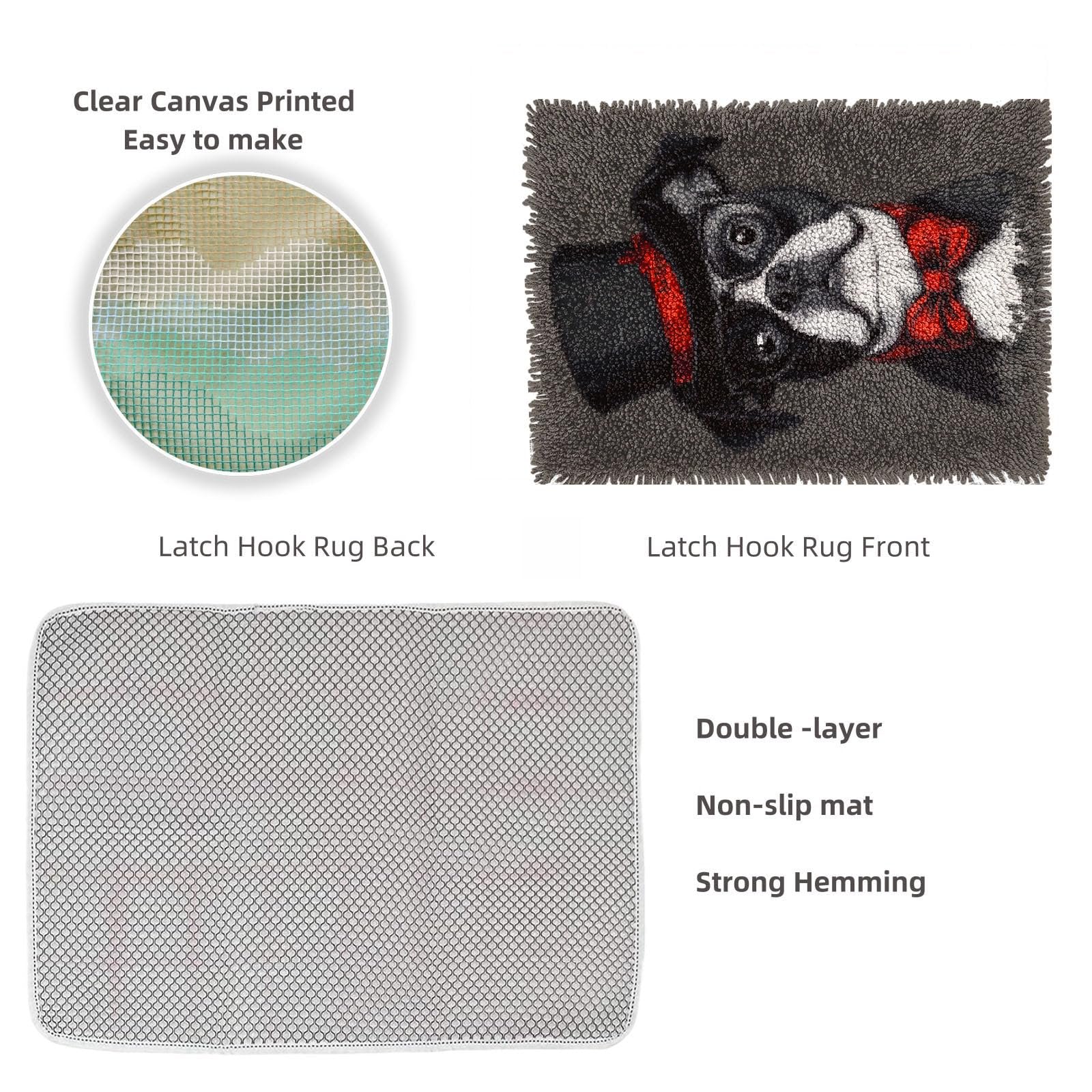 Latch Hook Rug Kit Boston Terrier Dog with Glasses and Hat Pre-printed DIY Carpet Craft 52x38cm F270970