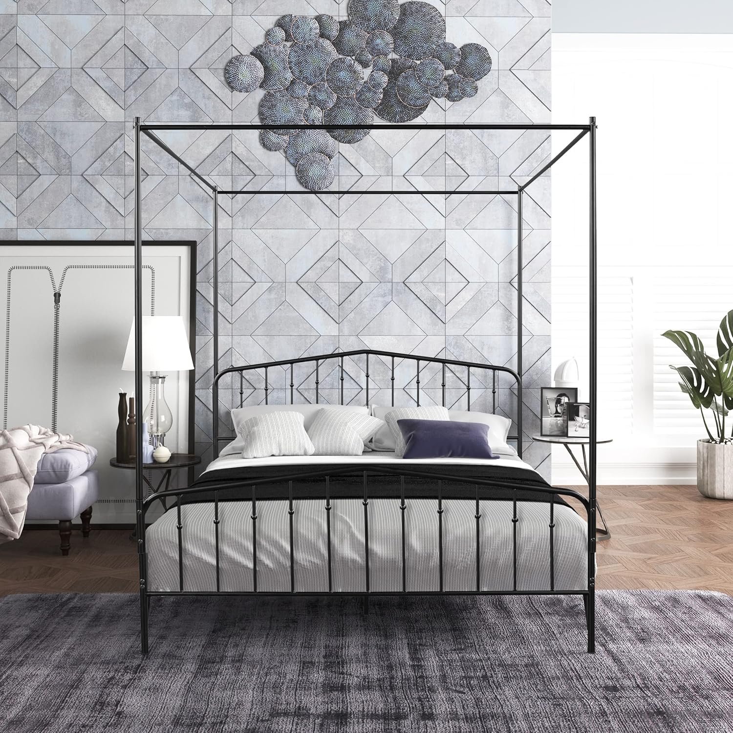 Majnesvon Metal Canopy Bed Frame with Ornate European Style Headboard & Footboard Sturdy Black Steel Holds 660lbs, No Box Spring Needed/Easy Assembly (Black 2, Queen)