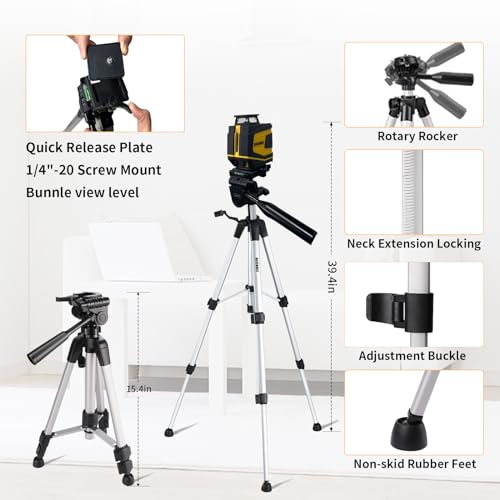 Self-Leveling Green Cross Line Laser with Tripod, Horizontal Vertical Beam, for Picture Hanging Construction Tile Wall, Carrying Pouch Battery Included N96524