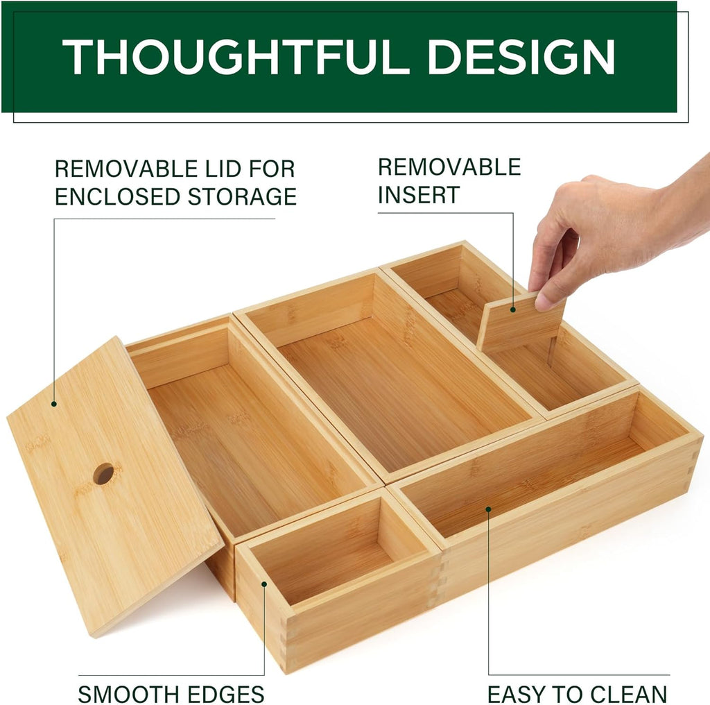 Bamboo Drawer Organizer Set, 5 Pcs Multi-Use Storage Box for Kitchen, Bathroom, Office R3794