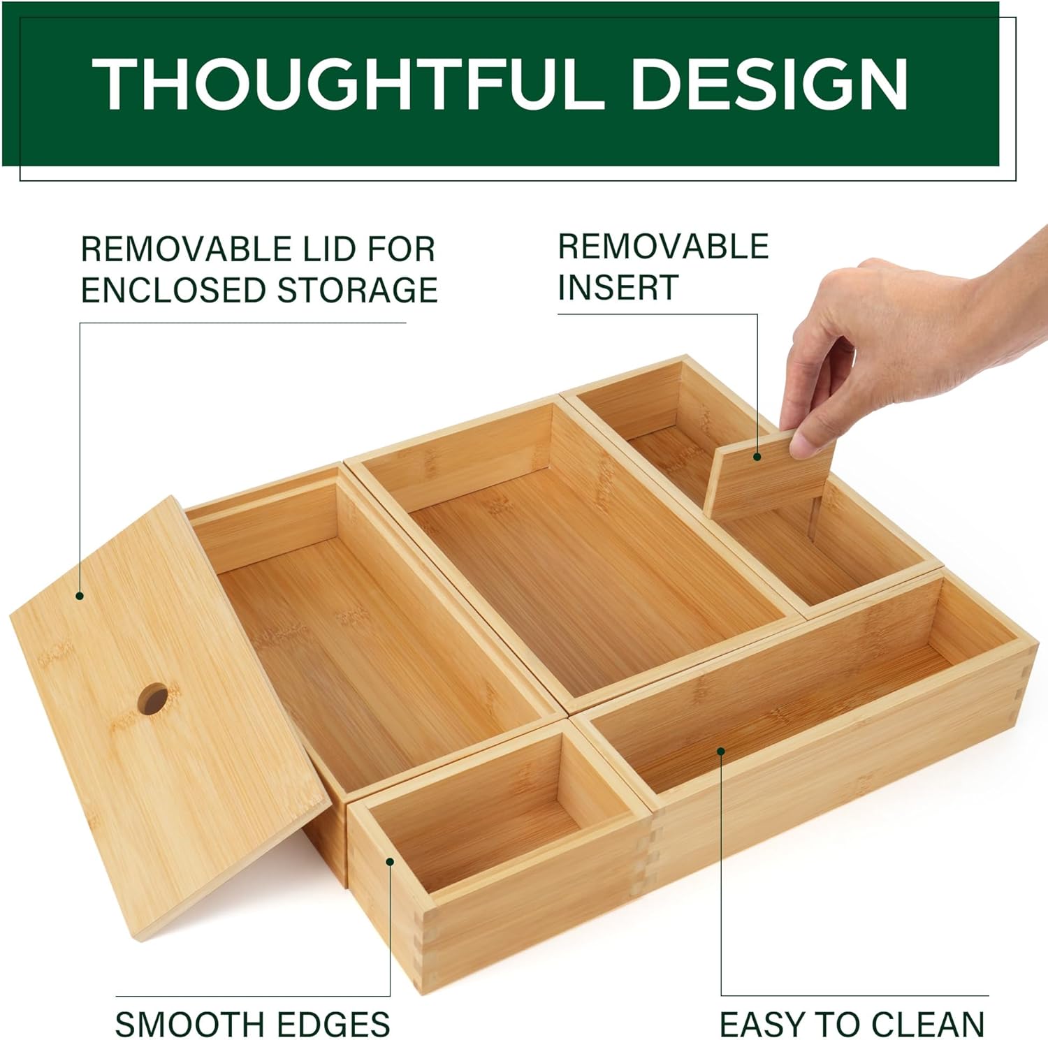 Bamboo Drawer Organizer Set, 5 Pcs Multi-Use Storage Box for Kitchen, Bathroom, Office R3794