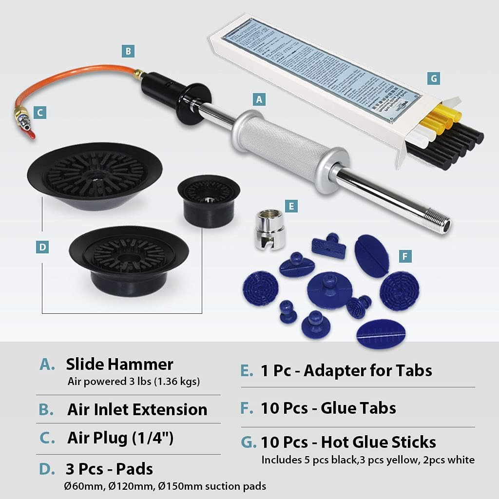 Pneumatic Auto Body Dent Puller with Glue Tabs and Hot Glue Kit T972710