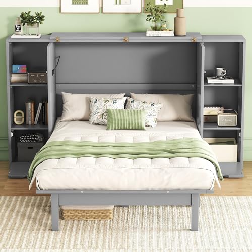 Murphy Bed Queen Size Cabinet with Storage 2 Drawers 6-Layer Shelves and USB Ports, Wood Versatile Platform Bed Frame