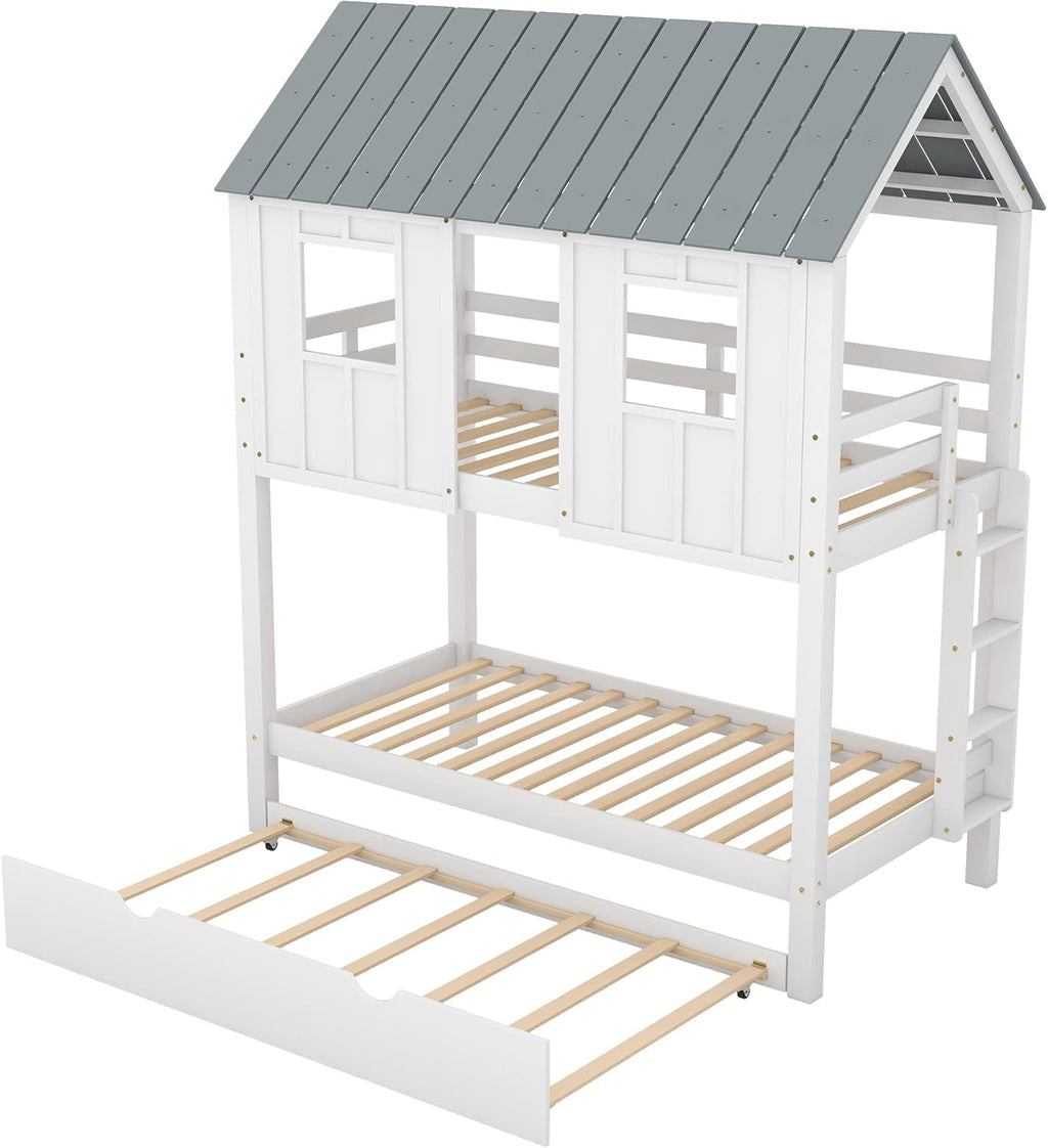 Wood House Bunk Bed with Trundle, Twin Over Twin with Guardrails and Ladder, White S560