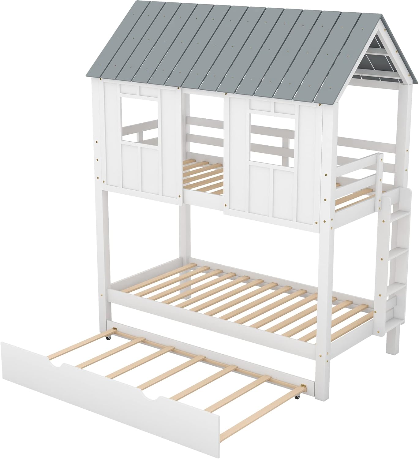 Wood House Bunk Bed with Trundle, Twin Over Twin with Guardrails and Ladder, White S560