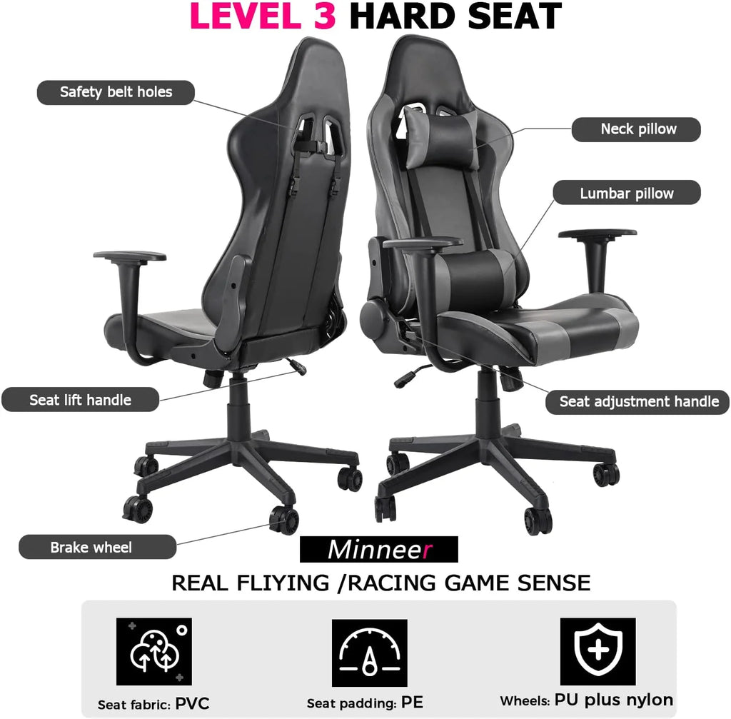 Flight & Racing Simulator Gaming Chair with Adjustable Headrest and Lumbar Pillow, Gray V16718