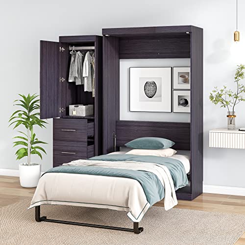 Harper & Bright Designs Murphy Bed Twin with Wardrobe and Storage Drawers, Easy Fold Murphy Bed Cabinet, Modern Twin Size Murphy Bed Wall Bed for Multipurpose Guest Room Home Office,Grey