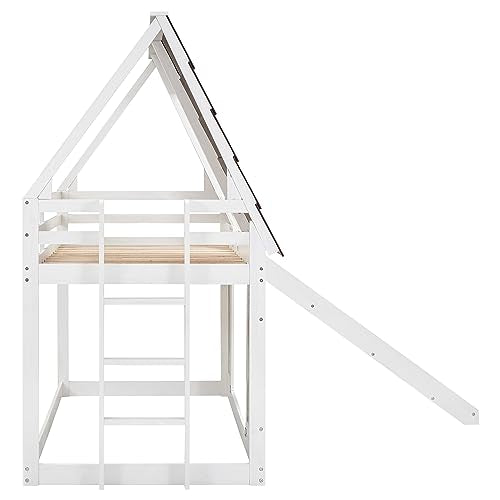 Twin-Over-Twin House Bunk Bed with Storage and Staircase, Gray+White V121339