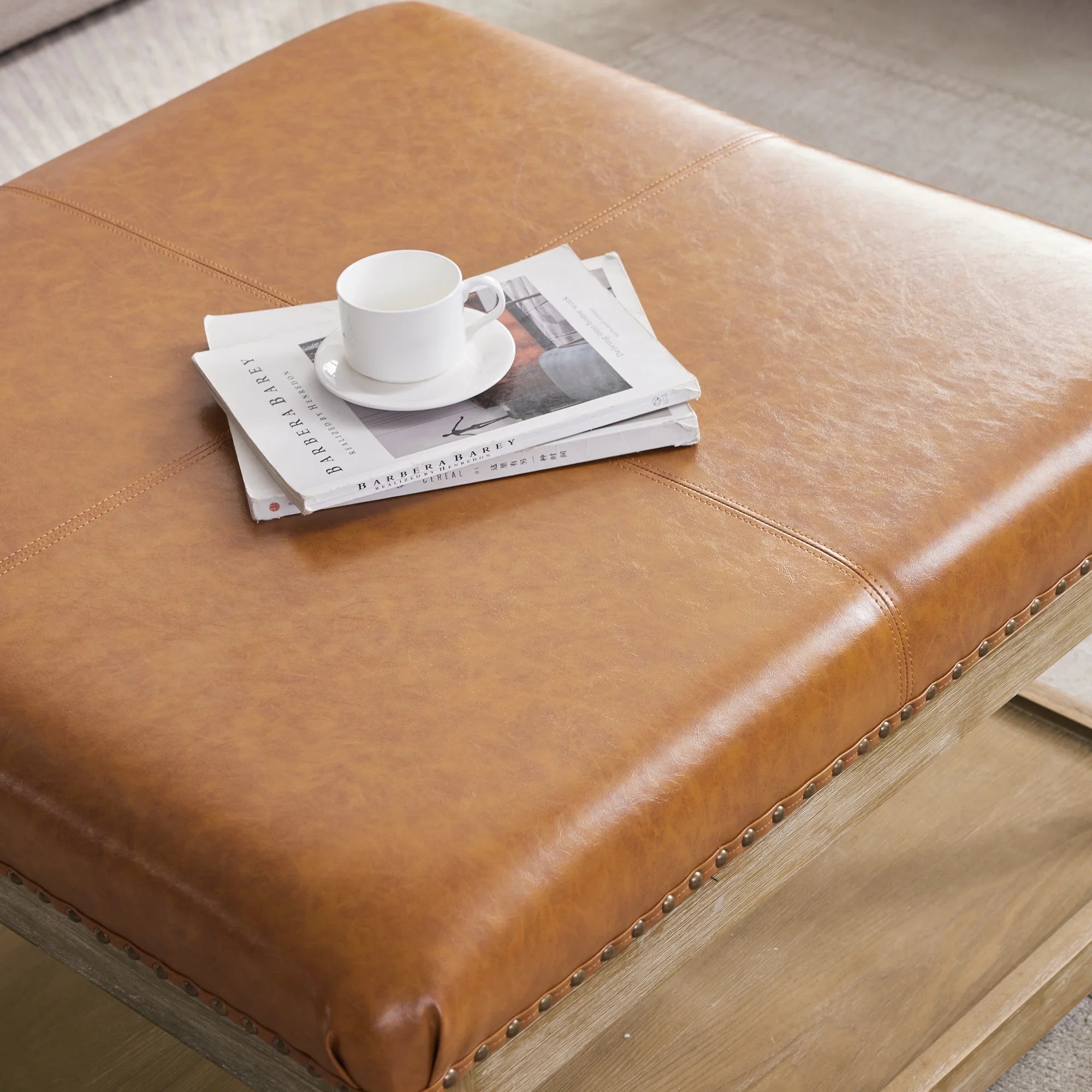 Square Ottoman Coffee Table with Storage Shelf, Tufted Faux Leather Footrest T985