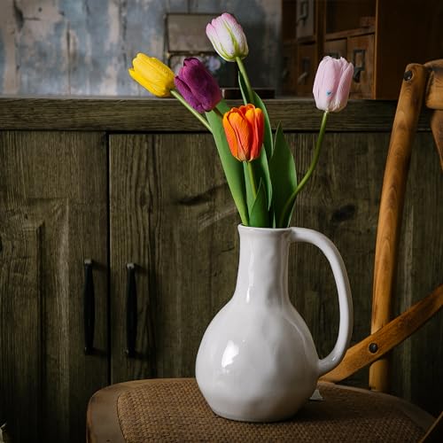 White Ceramic Vase with Double Handle, Rustic Glazed Decor P7017