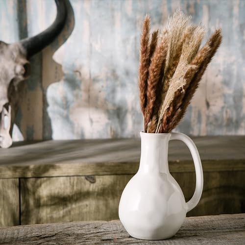 White Ceramic Vase with Double Handle, Rustic Glazed Decor P7017