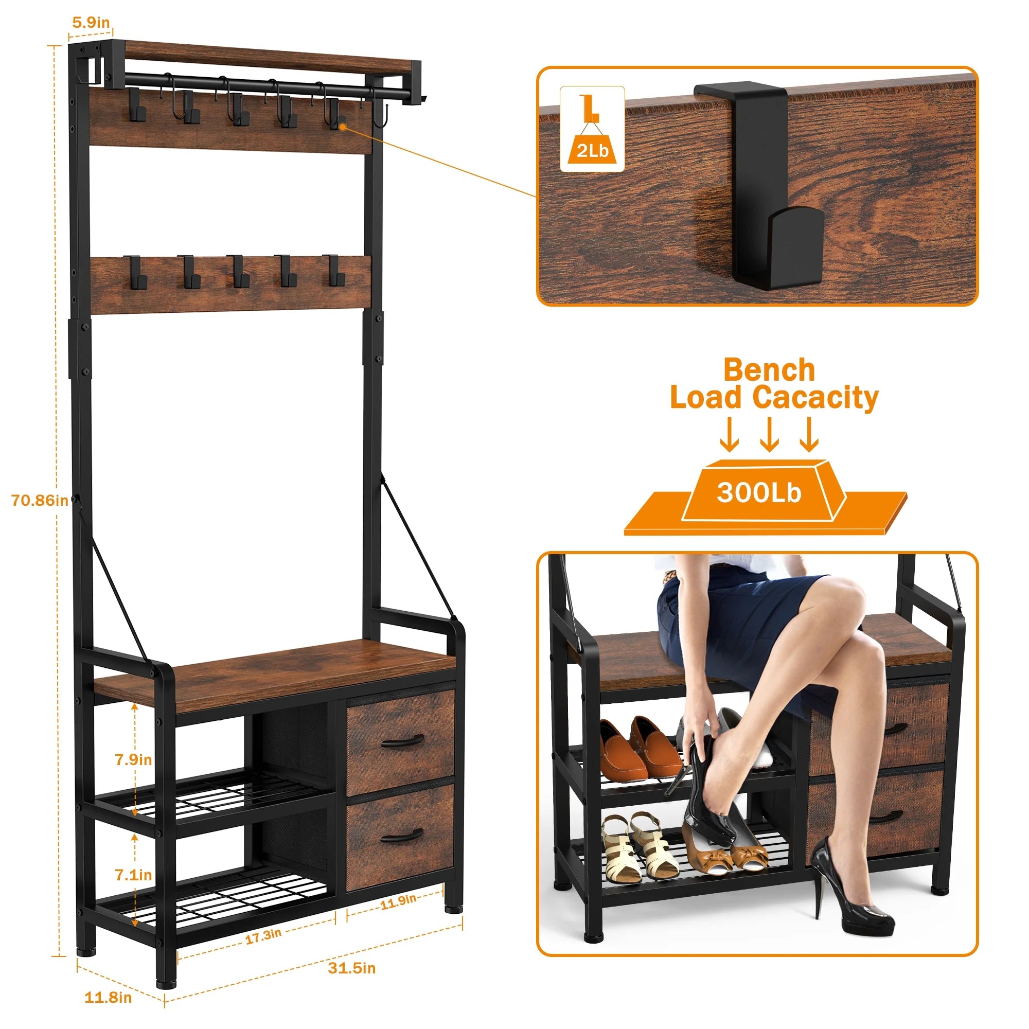4-in-1 Entryway Hall Tree Coat Rack with Shoe Storage Bench, 17 Hooks, 2 Drawers, Rustic Brown Y1980