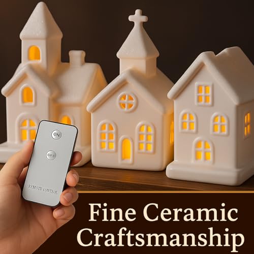 9 Pcs Christmas Village Figurines Set with Lighted Ceramic Houses and Trees O3990