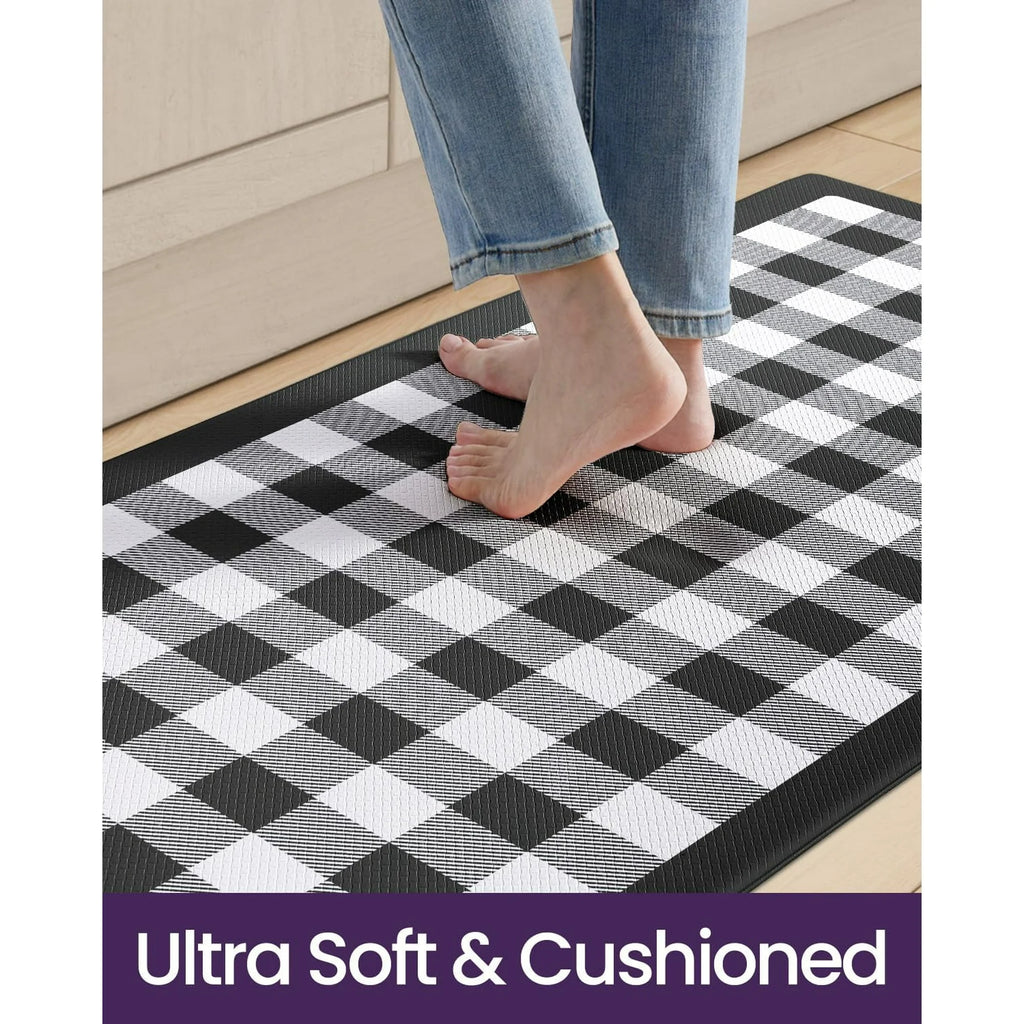Kitchen Floor Mats Anti Fatigue, Large Wide Cushioned Runner Rug, Waterproof Non Skid, Black and White Buffalo Plaid B21378