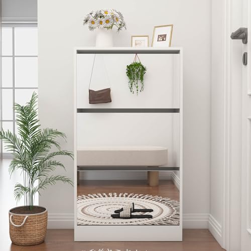 White Shoe Cabinet, Shoe Organizer Cabinet with Hanger, Slim Hidden Shoe Rack Cabinet, Freestanding Shoe Storage Cabinet with 3 Flip Drawers & 2 Sliding Drawers for Entryway, Hallway