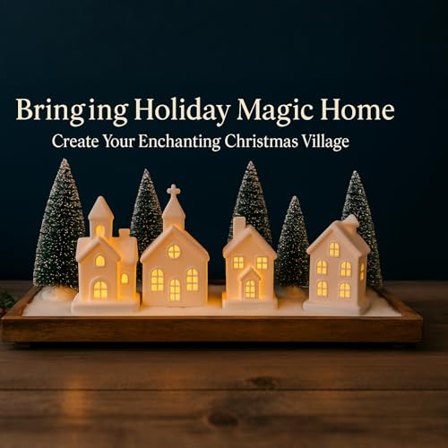 9 Pcs Christmas Village Figurines Set with Lighted Ceramic Houses and Trees O3990
