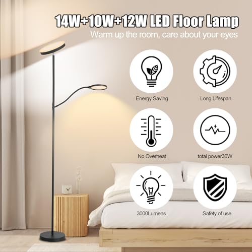 LED Floor Lamp, 36W, 3 Color Temperatures, Dimmable, Remote & Touch Control D100