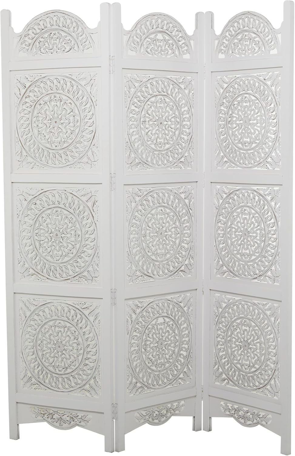 Deco 79 Wood Floral Handmade Partition Room Divider Screen Hinged Foldable Partition 3 Panel Privacy Screen with Intricately Carved Designs, Room Partition 60" x 1" x 72", White
