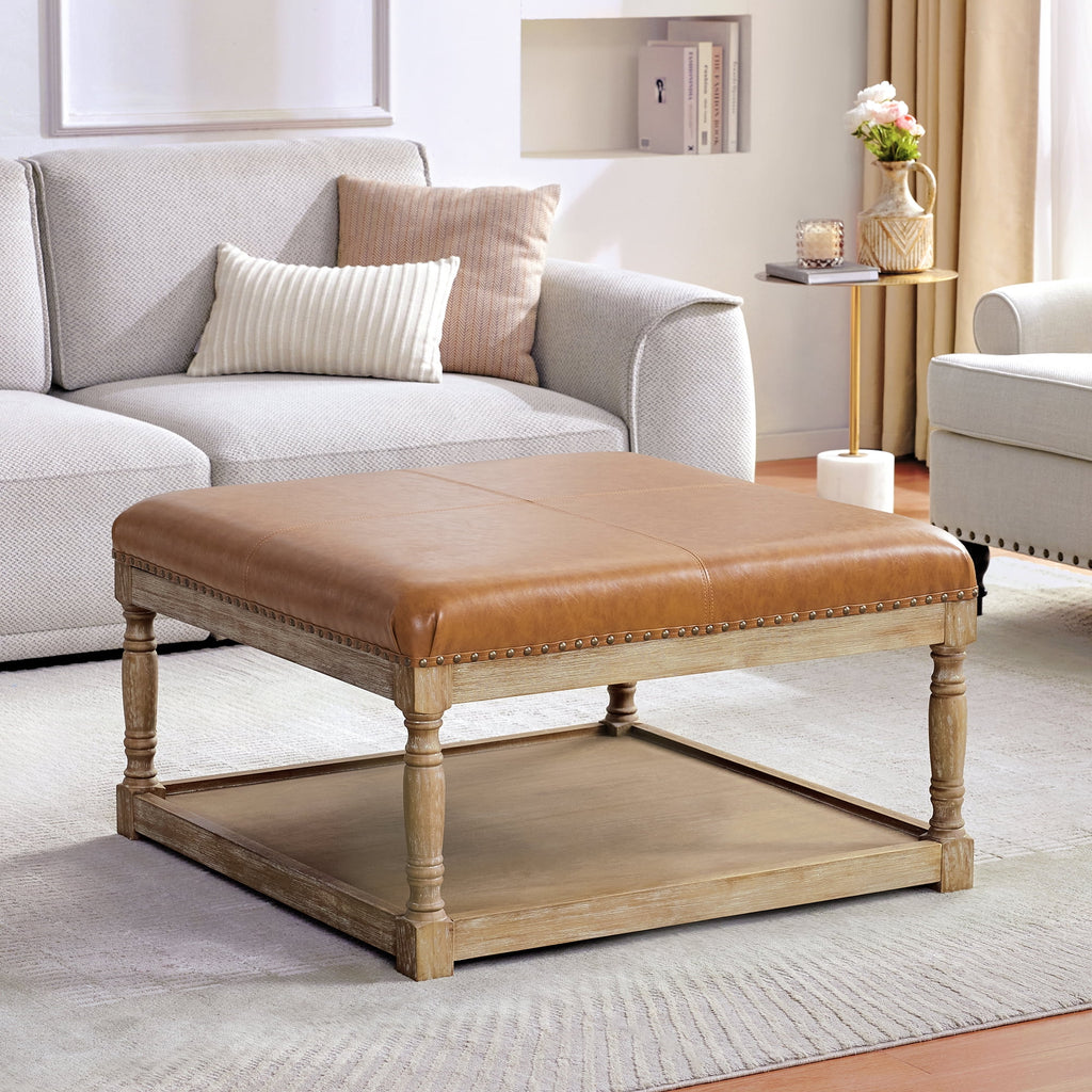 Square Ottoman Coffee Table with Storage Shelf, Tufted Faux Leather Footrest T985
