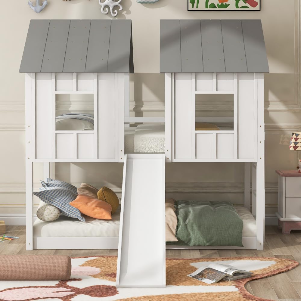 Twin Over Twin House Bunk Bed with Slide and Windows, White L7376