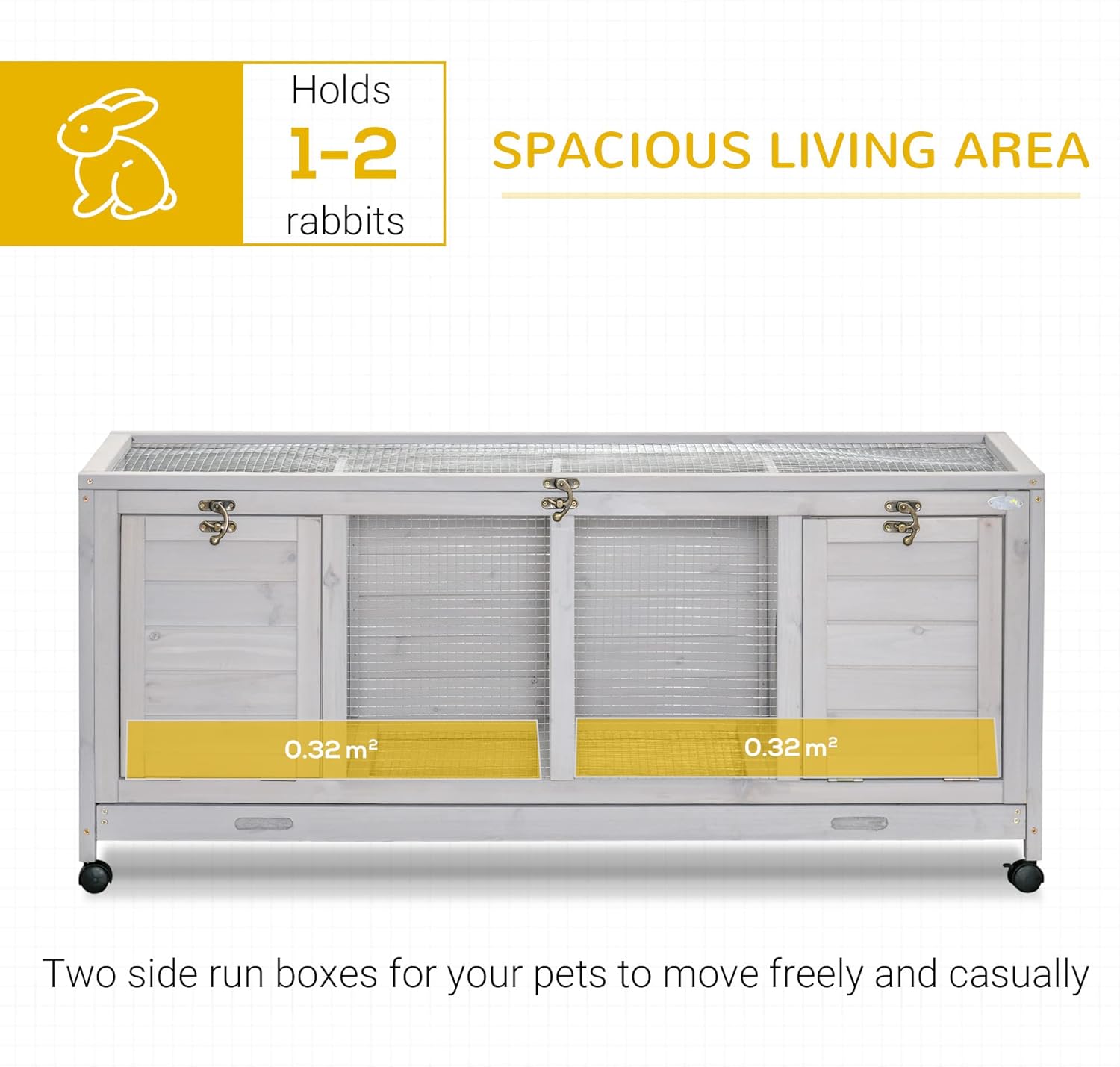 Wooden Rabbit Hutch with Wheels, Openable Roof, Removable Trays H633
