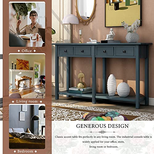 Rustic Wood Sofa Table with 4 Storage Drawers and Bottom Shelf T769104