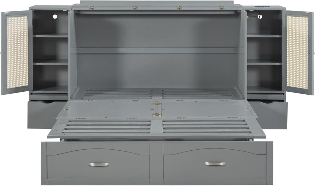 Queen Size Murphy Bed with Storage Drawer and USB Ports, Gray E170925