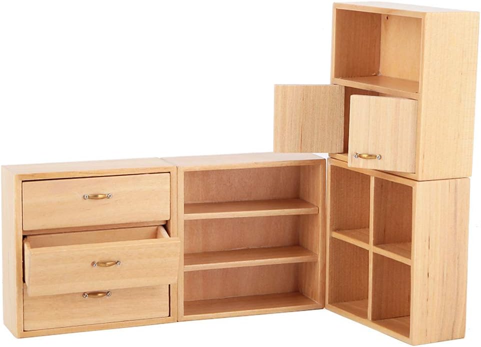 Dollhouse Cabinet Furniture, 4pcs 1:12 Cabinet Unit Doll House Furniture, DIY Wooden Dollhouse Furniture Set, for Putting Greenery, Enamel, Book, Musical Instrument(Wood Color)