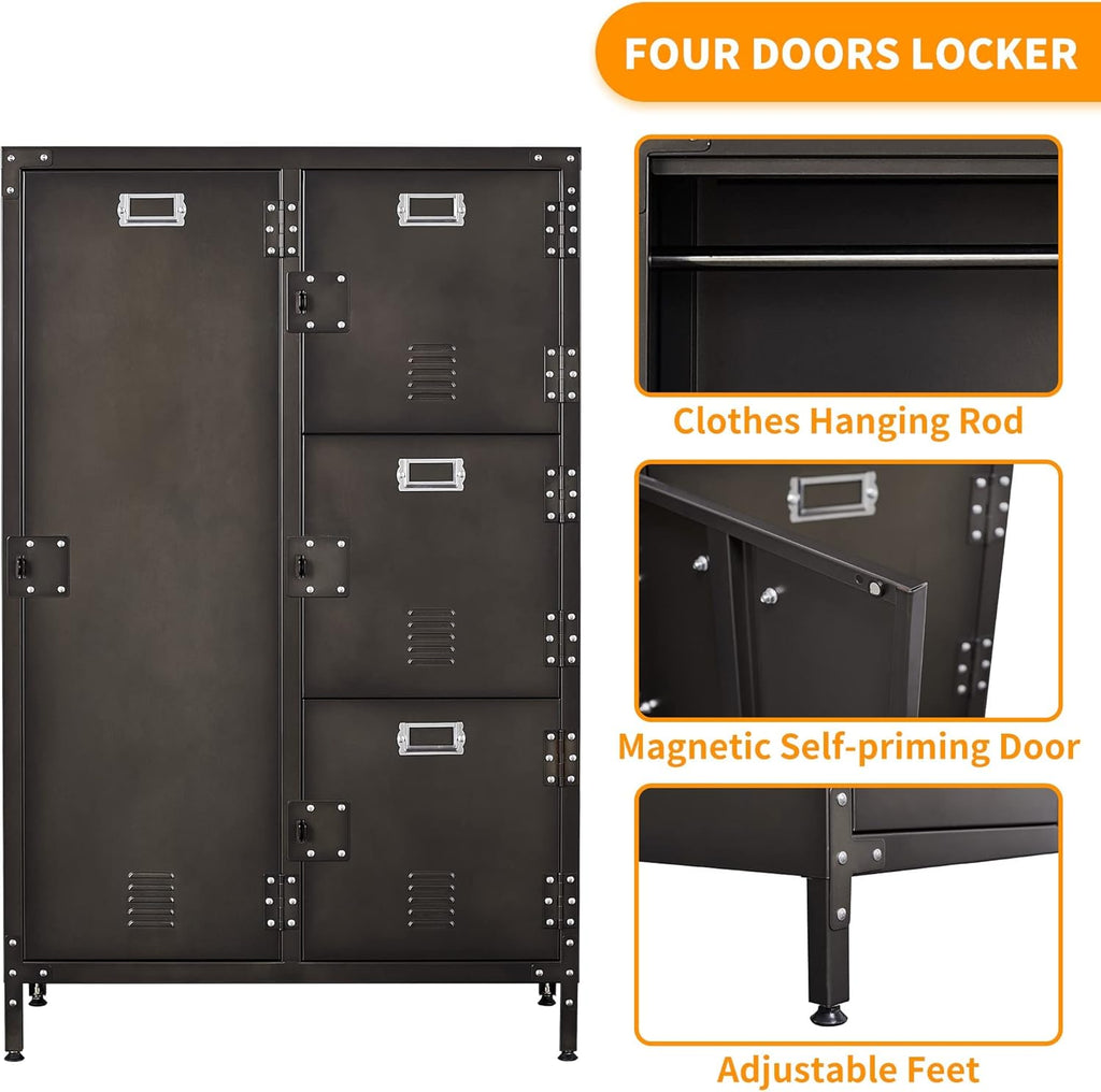 Metal Locker Storage Cabinet, 55" Steel Retro Wardrobe, 4 Doors Lockable S6176