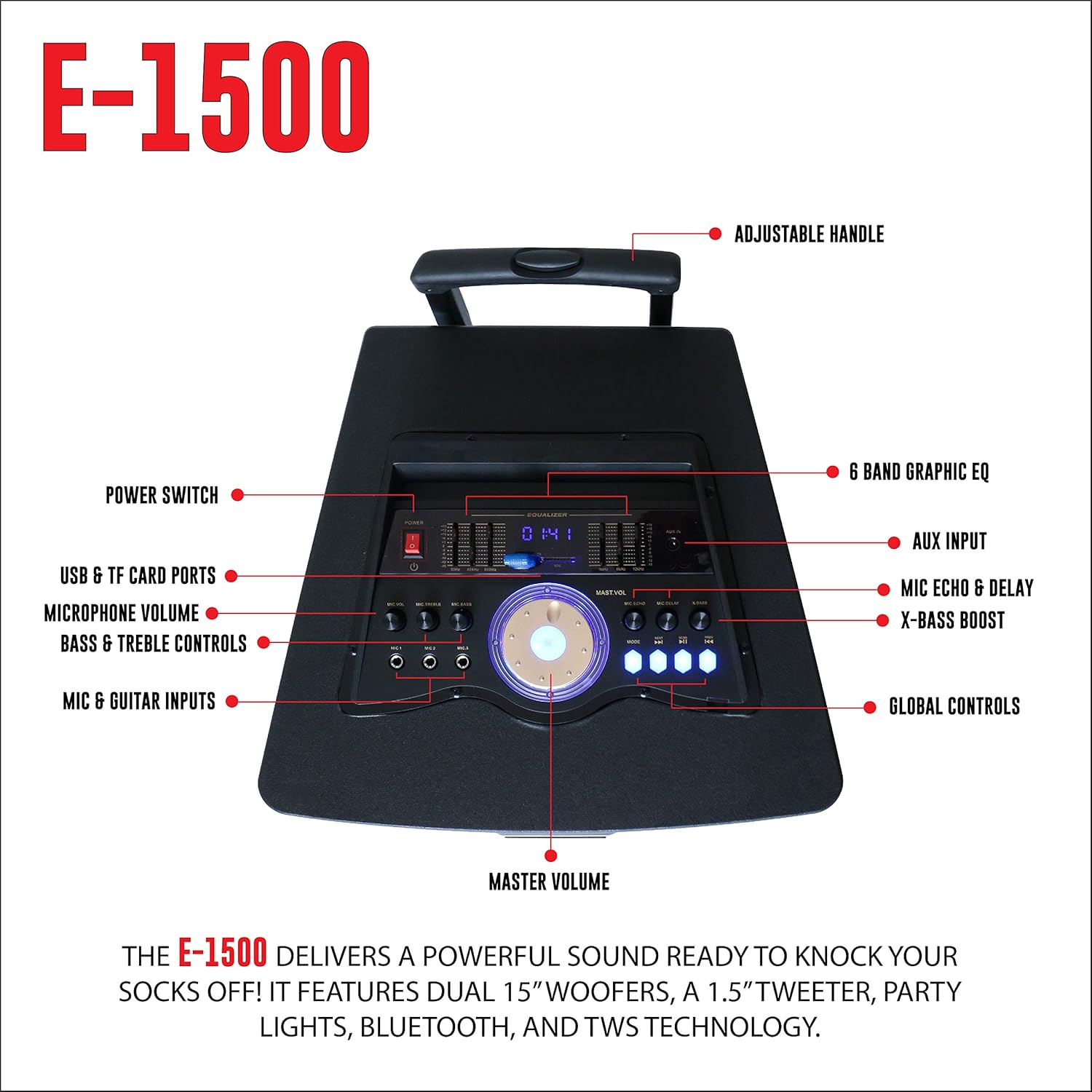 Portable PA Speaker System with Dual 15" Woofers and Party Lights H95935