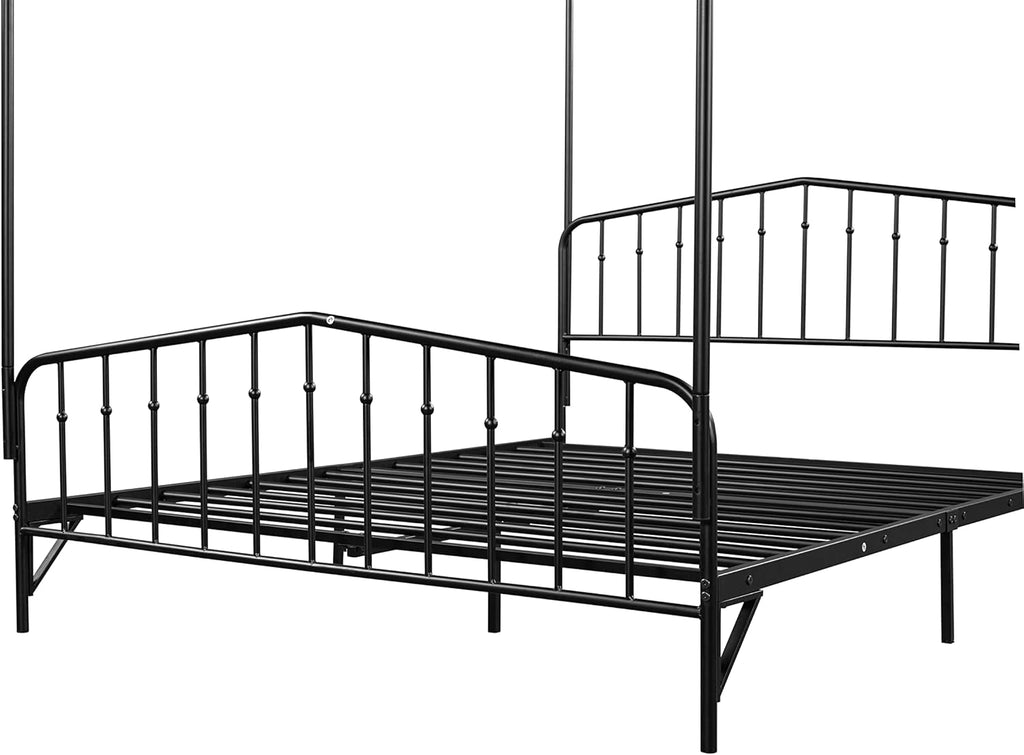 Metal Canopy Bed Frame with Ornate Headboard, Black, Queen A70815