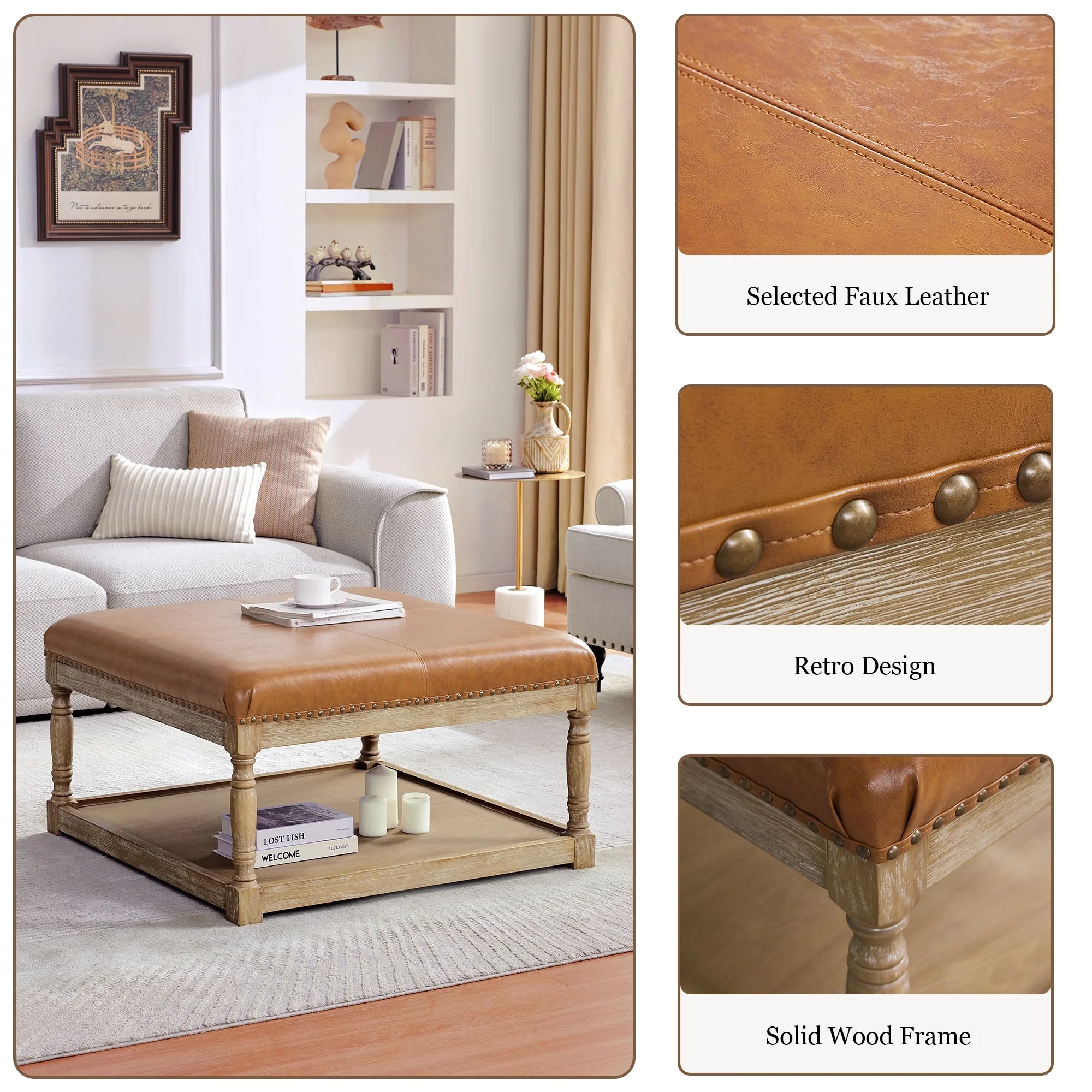 Square Ottoman Coffee Table with Storage Shelf, Tufted Faux Leather Footrest T985