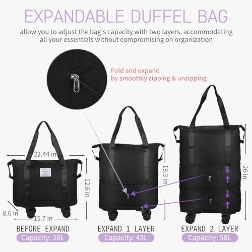 Rolling Duffel Bag, Expandable Carry-On with Wheels, Large Weekend Bag X2665