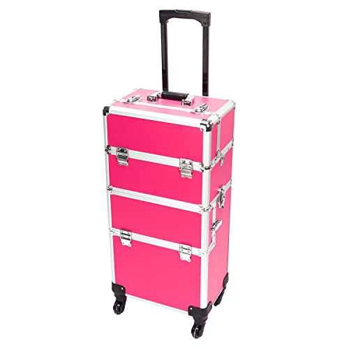 3 in 1 Rolling Makeup Train Case, Aluminum Makeup Travel Organizer Cosmetic Case, Cosmetology Display Suitcase on Wheels, Beauty Storage Luggage Lockable w/4 Removable Wheels (Rose-Pink)