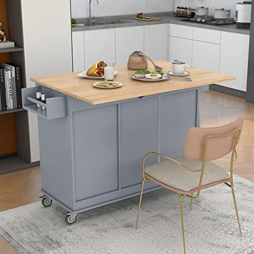Kitchen Island on Wheels with Storage, Drop Leaf, 52.7 Inch, Grey Blue D265957