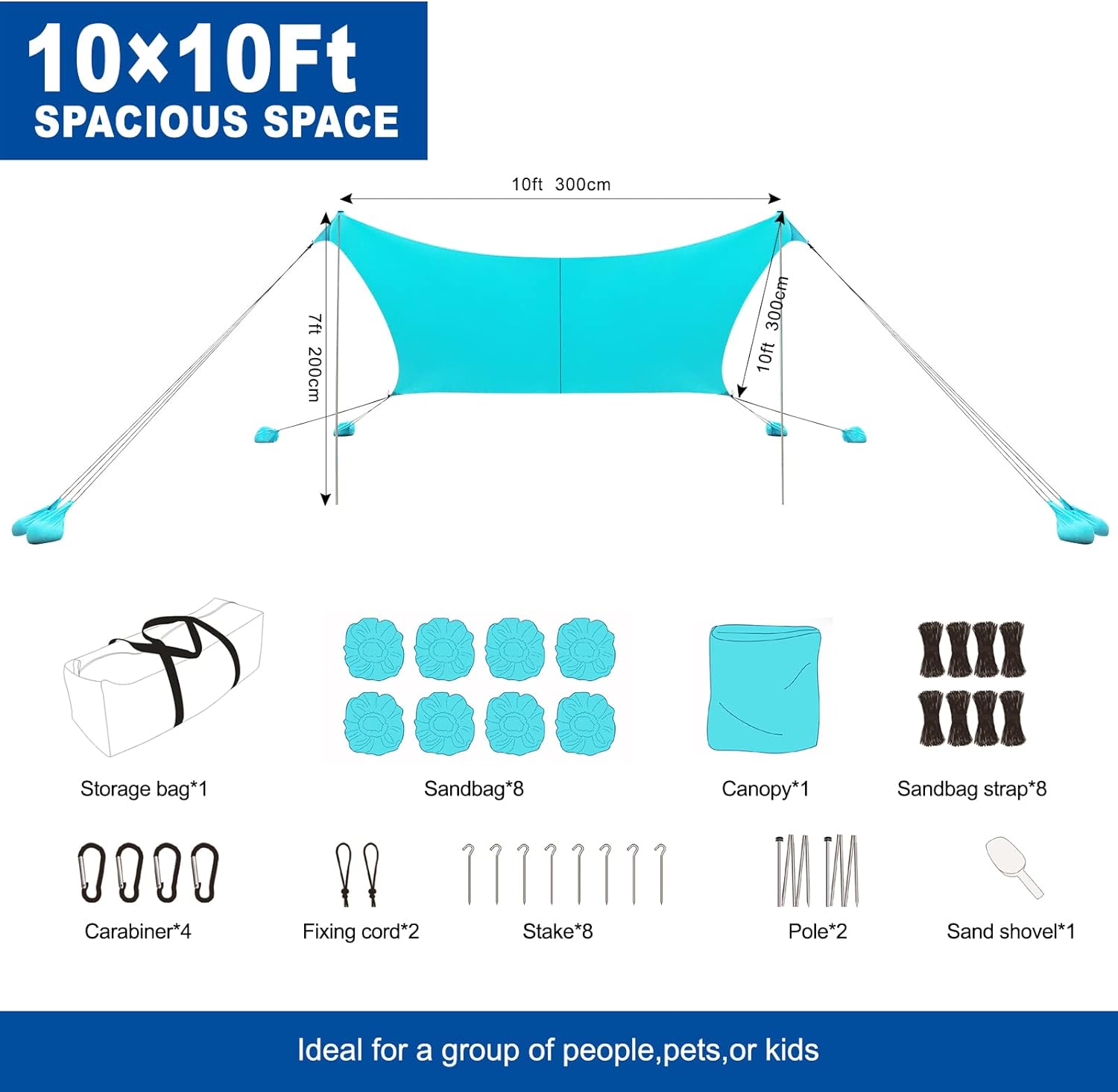 Beach Canopy Tent UPF50+ Windproof Portable Sunshade with Sandbags V80449