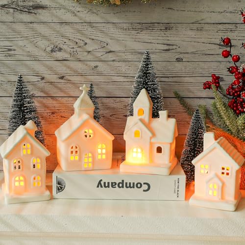 9 Pcs Christmas Village Figurines Set with Lighted Ceramic Houses and Trees O3990
