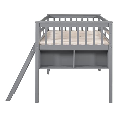 Wooden Full Size Low Loft Bed with Rolling Desk, Chair, and Cabinets for Kids S1286