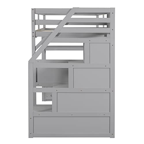Loft Bed with Built-in L-Shaped Desk and Bookshelves, Solid Wood Frame with Safety Guardrail and Storage Staircase B5339