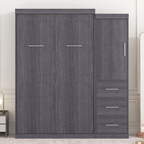 Twin Murphy Bed with Wardrobe and Storage Drawers, Wall Bed for Guest Room Home Office, Grey P7572