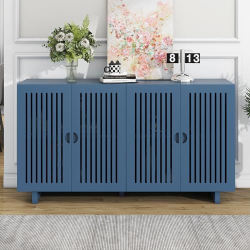 Storage Cabinet, 60" Buffet Cabinet with Storage, Wood Sideboard Cabinet with 2 Hollow Door and 2 Adjustable Shelves, Modern Accent Cabinet for Kitchen, Living Room, Dining Room (Almond)