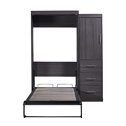 Twin Murphy Bed with Wardrobe and Storage Drawers, Wall Bed for Guest Room Home Office, Grey P7572