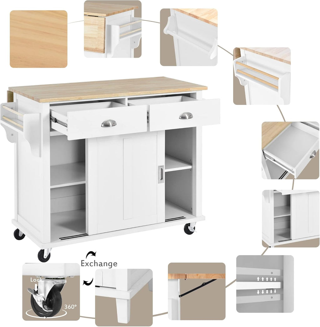 Mobile Kitchen Island Cart with Spice Rack and Towel Rack, Rolling with Drop Leaf, 2 Drawers and Sliding Barn Doors B9917